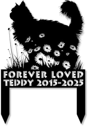 Custom Longhair Cat Memorial Stake, Cat Standing on Flowers Grave Marker, Personalized Pet Loss Gift Metal Garden Plaque (Cat Standing on Flowers) by Linktee