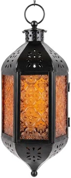 Vela Lanterns Hanging Moroccan Lantern with LED Twinkle Fairy Lights - Exotic Decorative Patio & Porch Decor, Indoor Outdoor Candle Lamp Holder with Chain (13" Large, Amber Glass) by VelaCandleLanterns