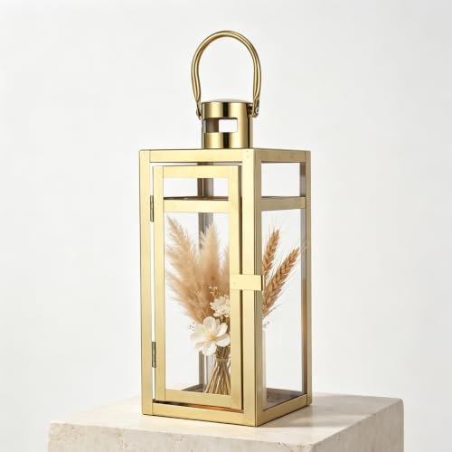 TRIROCKS Set of 2 Stainless Steel Decorative Lantern 12'' High Metal Candle Holder Outdoor Candle Lantern with Tempered Panels for Home Decor Living Room Parties Events Tabletop Indoor Outdoor (Gold) - Image 4
