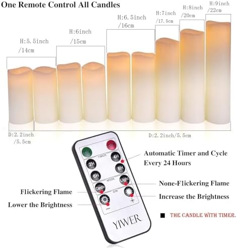 YIWER Flameless Candles Battery Operated Candles 4" 5" 6" 7" 8" 9" Set of 9 Ivory Real Wax Pillar LED Candles with 10-Key Remote and Cycling 24 Hours Timer - Image 4