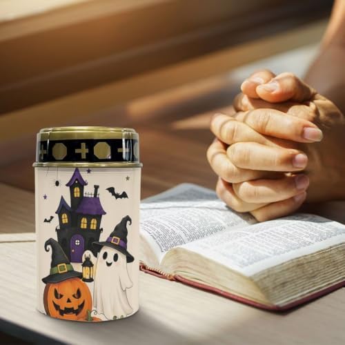Poceacles Solar Lights Outdoor Solar Powered Outdoor Cemetery Stake Candle Grave Lamp Landscape Lighting Halloween Grave Flameless Candle, Pumpkin Ghost Print Beige, Pack of 2 - Image 5