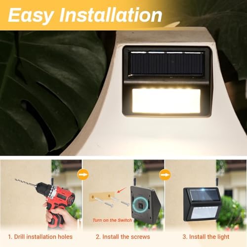 Bright Solar Fence Lights, 12 Pack Outdoor Step Lights, IP65 Waterproof, 3000K Warm-White, Dusk to Dawn Outdoor Lighting with 6 LED for Wall, Garage, Patio, Exterior, Porch - Image 7