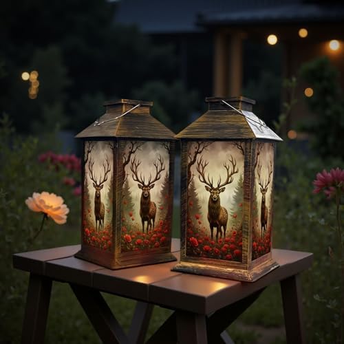 Solar Lantern Outdoor Garden Hanging Lantern Majestic Stag Antlers Rose Garden Misty Forest Waterproof Solar Powered Lighting Outside Table Lamp for Patio Deck Yard Camping - Image 6