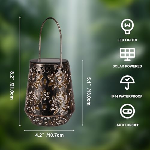 Edenseelake 2 Pack Solar Hanging Lanterns Outdoor Waterproof, Metal Flower Solar Lights, Decorative LED Lantern for Garden, Patio, Porch, Yard, Lawn, Bronze - Image 2