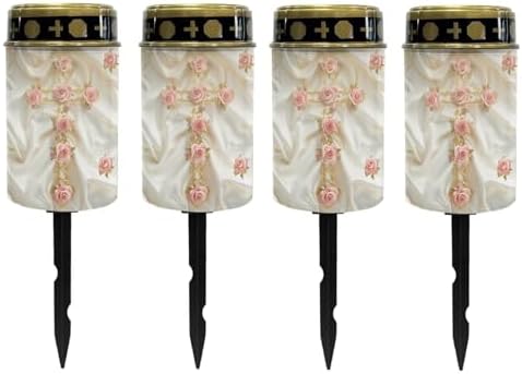 Poceacles Cross Solar Powered Outdoor Lights Cemetery Solar Candle Solar Memorial Lights Outdoor Waterproof Landscape Lights for Yard Patio Lawn Outdoor Home Decor, Vintage Rose Cross, Pack of 4 by Poceacles