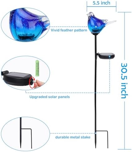 Afirst Outdoor Solar Garden Lights, Hand Blown Glass Blue Bird Yard Stake - Image 2