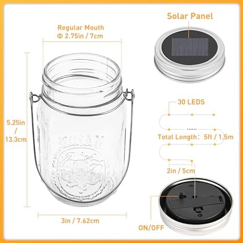 GIGALUMI Solar Mason Jar Lights, 12 Pack 30 Led String Fairy Lights - Image 2