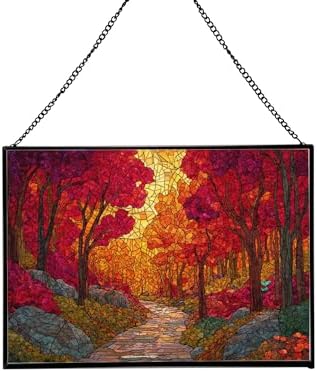 Path Through Glowing Autumn Forest Rectangular Stained Glass Suncatcher – Hanging Window Panel with Animal & Nature Scene – Vibrant Glass Art Gift for Wildlife, Fantasy, Nature Lovers nmbDYO by Custom
