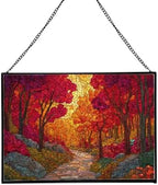 Path Through Glowing Autumn Forest Rectangular Stained Glass Suncatcher – Hanging Window Panel with Animal & Nature Scene – Vibrant Glass Art Gift for Wildlife, Fantasy, Nature Lovers nmbDYO by Custom