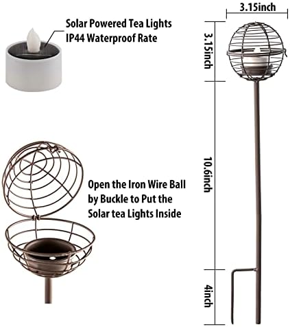 Solar Pathway Lights Outdoor, Rust Iron Ball Candle Holder Stake with Flickering Solar Powered Tea Lights, Perfect Decorative Garden Lighting for Yard Lawn Patio Landscape Decor Outside-4Pack - Image 3
