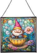 Gnome in a Teacup Stained Glass Suncatcher – Square Hanging Window Panel for Home or Greenhouse – Whimsical Glass Art Gift for Garden Lovers, Christmas, Halloween, Father Days sxN2AW by Custom