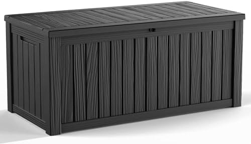 150 Gallon Waterproof Outdoor Storage Box, UV Resistant Resin Deck Box with Hydraulic Rod for Reinforced Stability, Perfect for Patio, Garden, and Pool, Striped Black by KFY