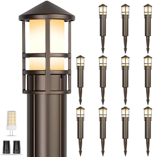 Gardencoin Low Voltage Landscape Pathway Lights, Replaceable G4 Bulb 12V 4W 2700K Outdoor LED Landscape Lighting, Aluminum Waterproof Walkway Lighting, Bollard Path Lights Wired, Bronze 12 Pack by Gardencoin