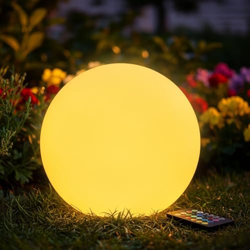 Solar Globe Light Outdoor w/Ground Stake, 12 Inch Solar Ball Light w/Remote by COPU