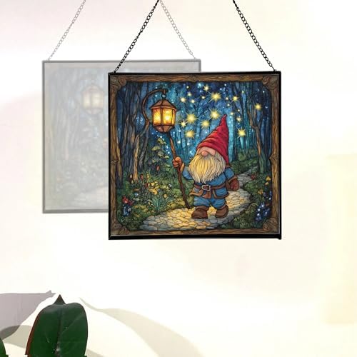 Starglow Gnome Trail Stained Glass Suncatcher – Square Hanging Window Panel for Home or Greenhouse – Whimsical Glass Art Gift for Garden Lovers, Christmas, Halloween, Father Days HMrBzf - Image 4
