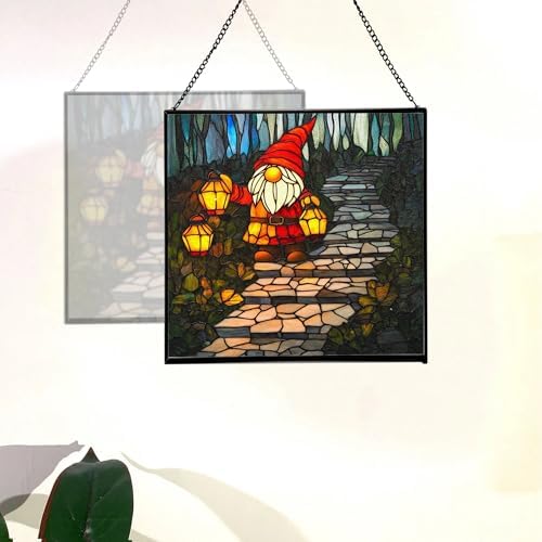 Lantern Path Gnome Stained Glass Suncatcher – Square Hanging Window Panel for Home or Greenhouse – Whimsical Glass Art Gift for Garden Lovers, Christmas, Halloween, Father Days 53PQ0z - Image 4