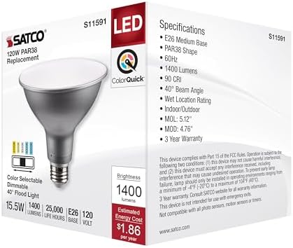 Satco S11591; 15.5 Watt PAR38 LED; Medium Base; Silver Finish; CCT Selectable; 120 Volt; 40 Degree Beam Angle; 15.5PAR38/LED/5CCT/FL/120V for Office, Store, Residencial, Commercial 6 LED Bulbs - Image 7