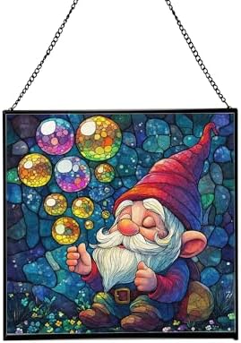 Gnome with Soap Bubbles Stained Glass Suncatcher – Square Hanging Window Panel for Home or Greenhouse – Whimsical Glass Art Gift for Garden Lovers, Christmas, Halloween, Father Days uZVOjS by Custom
