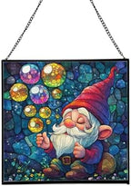 Gnome with Soap Bubbles Stained Glass Suncatcher – Square Hanging Window Panel for Home or Greenhouse – Whimsical Glass Art Gift for Garden Lovers, Christmas, Halloween, Father Days uZVOjS by Custom