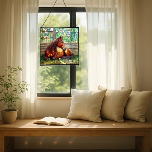 Chestnut Morgan Horse Resting Near barn Window Square Suncatcher – Stained Glass Style Window Panel with Pastoral Scene, Custom Decorative Hanging Art for Equestrian Home, Christmas Y19Vql - Image 7