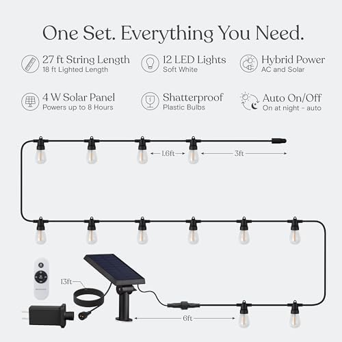 Brightech Ambience Hybrid Outdoor String Lights - Dual Plug and Solar Powered Waterproof LED Light String for Outside - 27 Ft, Dimmable 4W, Soft White Edison Bulbs for Camping, Patio, Cafe, Yard - Image 5
