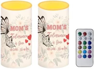 Mother's Day Gifts Flameless Candles Set of 2 Battery Powered Pillar Candles with Timer Remote Butterfly Mom's Tolerance is Gone Funny Print by NETILGEN