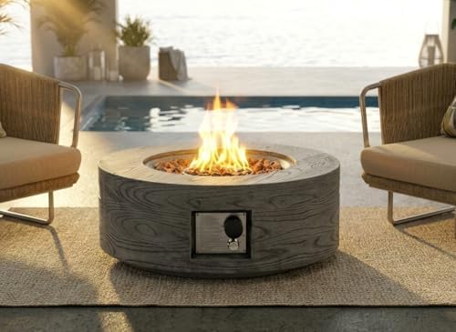 Lume Vale 28" Round Propane Fire Pit Table – 40,000 BTU Outdoor Fire Pit with Lid & Stone Finish, 2-in-1 Patio Heater & Dining Table, CSA Certified (Gray Wood Grain, Fire Pit) by Unknown