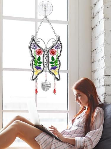 KY&BOSAM God Bless Nurse Butterfly Suncatcher with Pressed Flower Wings Nurse's Day Butterfly Stain Glass Catchers Wind Chime Ornament Charm with Metal Heart Gifts for Nurses Birthday Christmas - Image 3