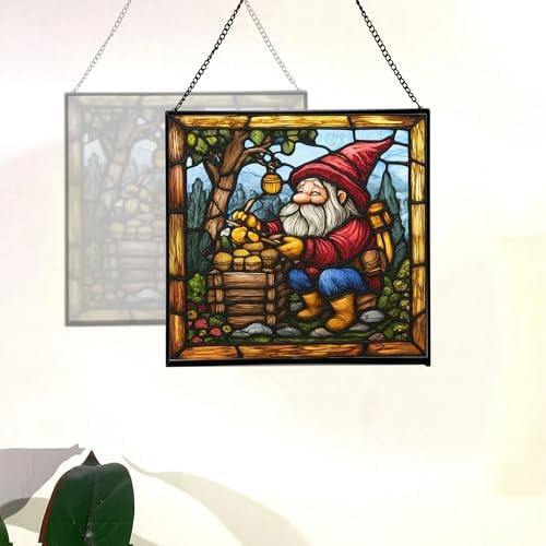 Gnome Beekeeping Stained Glass Suncatcher – Square Hanging Window Panel for Home, Garden, Nursery, Halloween, Christmas, Memorial Day – Whimsical Glass Art Gift for Gnome Lovers ccp1uh - Image 4