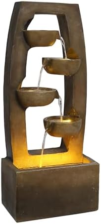 37.6" Outdoor Water Fountain, 4 Tier Bowl Cascading Freestanding Water Fountain, Modern Garden Water Feature with LED Lights, Suitable for Patio Yard Porch Landscape, Brown - Image 7