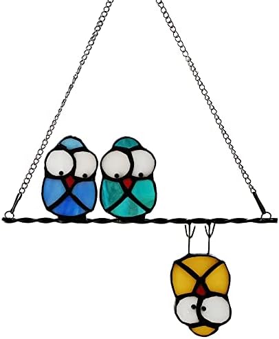 Multicolor Owl on a Wire Stained Glass Window Hanging, Bird Suncatcher for Windows Panels Hangings Hummingbird Ornament Decoration for Wall Home Garden Decor Bird Gift for Owl Lovers by Unknown