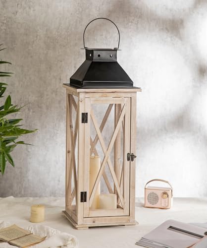 TIMRIS Large Wooden Candle Lanterns Decorative Set of 2, Rustic Farmhouse Whitewash Floor Lanterns, Indoor/Outdoor Hanging Lanterns for Home Decor (No Glass) - Image 5
