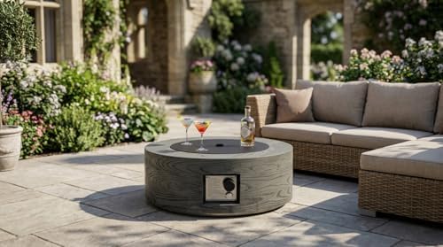 Lume Vale 28" Round Propane Fire Pit Table – 40,000 BTU Outdoor Fire Pit with Lid & Stone Finish, 2-in-1 Patio Heater & Dining Table, CSA Certified (Gray Wood Grain, Fire Pit) - Image 4