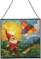 Kite String Gnome Stained Glass Suncatcher – Square Hanging Window Panel for Home or Greenhouse – Whimsical Glass Art Gift for Garden Lovers, Christmas, Halloween, Father Days 82ELcz by Custom