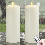 Waterproof Flickering Plastic Flameless with Cycle Timer & Remote Control, Pack of 2 Fake Battery Operated Outdoor Pillar LED Candles (Ivory, 4" x10") by Wroxipel
