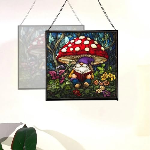 Gnome in Mushroom Hollow Stained Glass Suncatcher – Square Hanging Window Panel for Home or Greenhouse – Whimsical Glass Art Gift for Garden Lovers, Christmas, Halloween, Father Days DHs4J5 - Image 4