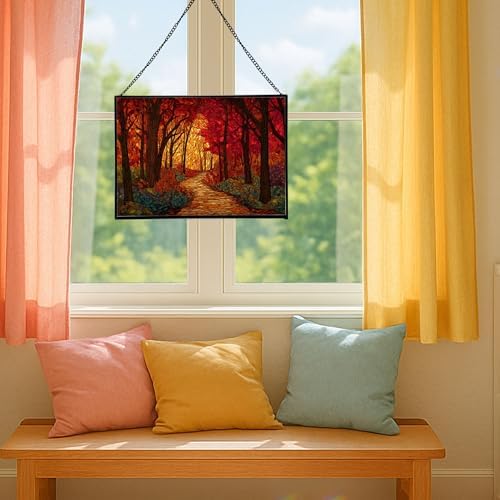 Path Through Glowing Autumn Forest Rectangular Stained Glass Suncatcher – Hanging Window Panel with Animal & Nature Scene – Vibrant Glass Art Gift for Wildlife, Fantasy, Nature Lovers 1GorZh - Image 5