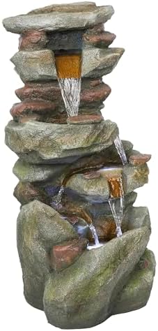 Alpine Corporation 31" Tall Outdoor 4-Tier Rock Floor Fountain, Cascading Waterfall with Cool White LED Lights, Gray by Unknown