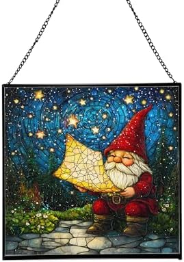 Gnome with Star Map Stained Glass Suncatcher – Square Hanging Window Panel for Home or Greenhouse – Whimsical Glass Art Gift for Garden Lovers, Christmas, Halloween, Father Days 3TxNhD by Custom