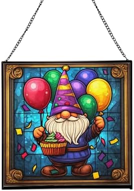 Birthday Balloon Gnome Stained Glass Suncatcher – Square Hanging Window Panel for Home or Greenhouse – Whimsical Glass Art Gift for Garden Lovers, Christmas, Halloween, Father Days mKbNDa by Custom