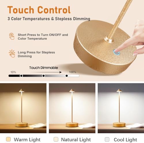 2P Cordless Rechargeable Led Table Lamp Battery Operated Light CHMP Gold - Image 2