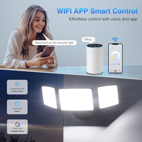 Onforu 100W Smart Flood Lights Outdoor, 3 Adjustable Heads, 9000LM Dimmable Hardwired Security Light, WiFi Alexa Control Floodlight, 2700K-6500K Tunable - Image 2