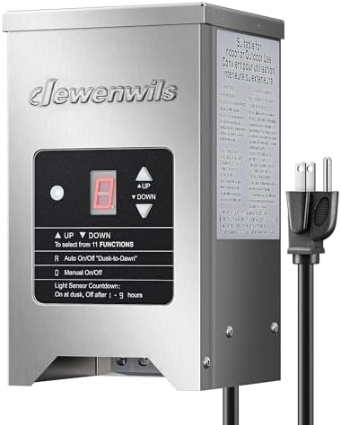 DEWENWILS 150W Low Voltage Landscape Transformer with Photocell Sensor, 120V AC to 12V/15V AC, Low Voltage Transformer for LED Landscape Lights, Spotlight, Weatherproof Stainless Steel, ETL Listed by DEWENWILS