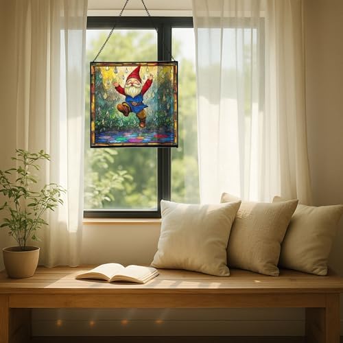 Raindrop Dance Gnome Stained Glass Suncatcher – Square Hanging Window Panel for Home or Greenhouse – Whimsical Glass Art Gift for Garden Lovers, Christmas, Halloween, Father Days 5CgFwp - Image 7