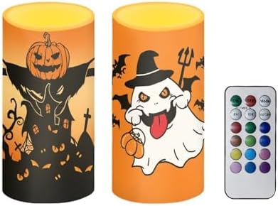 Halloween Day Battery Operated Candles with Remote and Timers Flameless Candles for Trick or Treat Day Party Home Decoration Flickering Elictric Pillar Lights, Black Pumpkin Trick Ghost by Merkmak