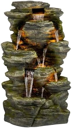 Alpine Corporation WIN1092 Outdoor Multitiered Rock Waterfall Floor Fountain with Warm White LED Lights, 51" Tall, Brown by Unknown