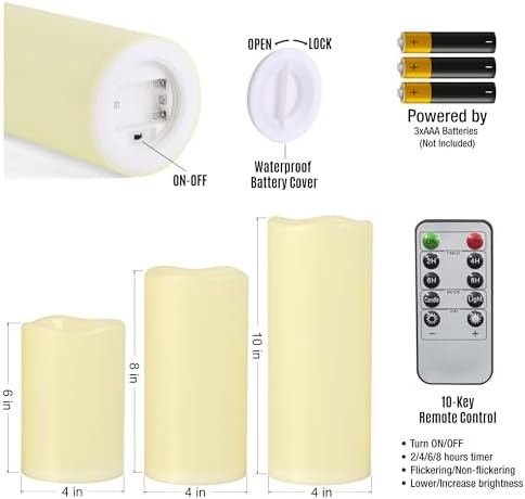 6" 8" 10" x 4" Ivory Large Waterproof Outdoor Flameless Candles Battery Operated LED Flickering Pillar Candles with Remote and Timer for Indoor Outdoor Lanterns, Long Lasting, Set of 3 - Image 4