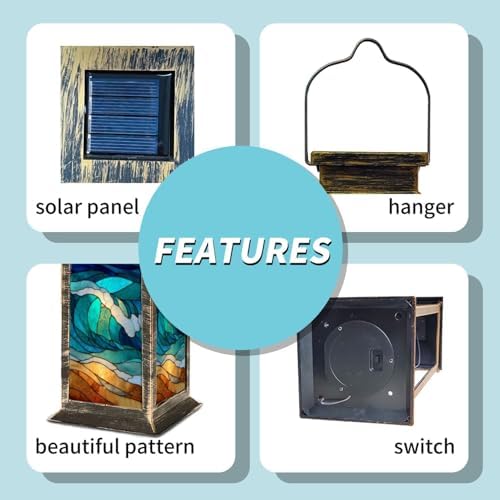Solar Lantern Intricate Stained Glass Window Beach Waves Sunset Amber Glow Outdoor Waterproof Garden Hanging Lantern Solar Powered Lighting Outside Table Lamp for Patio Deck Camping 1 Pack - Image 4