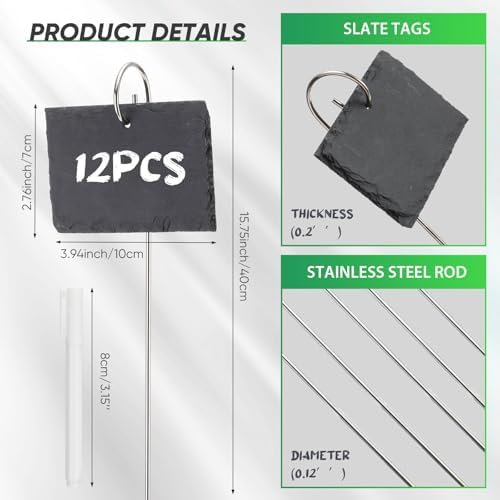 Colingmill 12 Sets Plant Labels Slate Plant Tags Garden Sign Marker Weatherproof Reusable Natural Slate Garden Sign Hanging Tag with Metal Stake and Pen for Outdoor Flower Vegetable(Rectangle) - Image 2