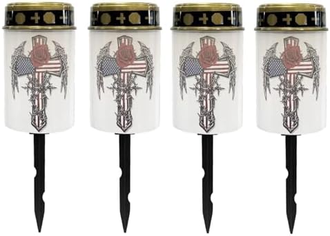 Poceacles Cross Solar Lights Outdoor Waterproof LED Flameless Candle Cemetery Solar Decorative Lights Walkway Lights Landscape Lighting for Outdoor Decor, Rose American Flag Wings Cross, Pack of 4 by Poceacles